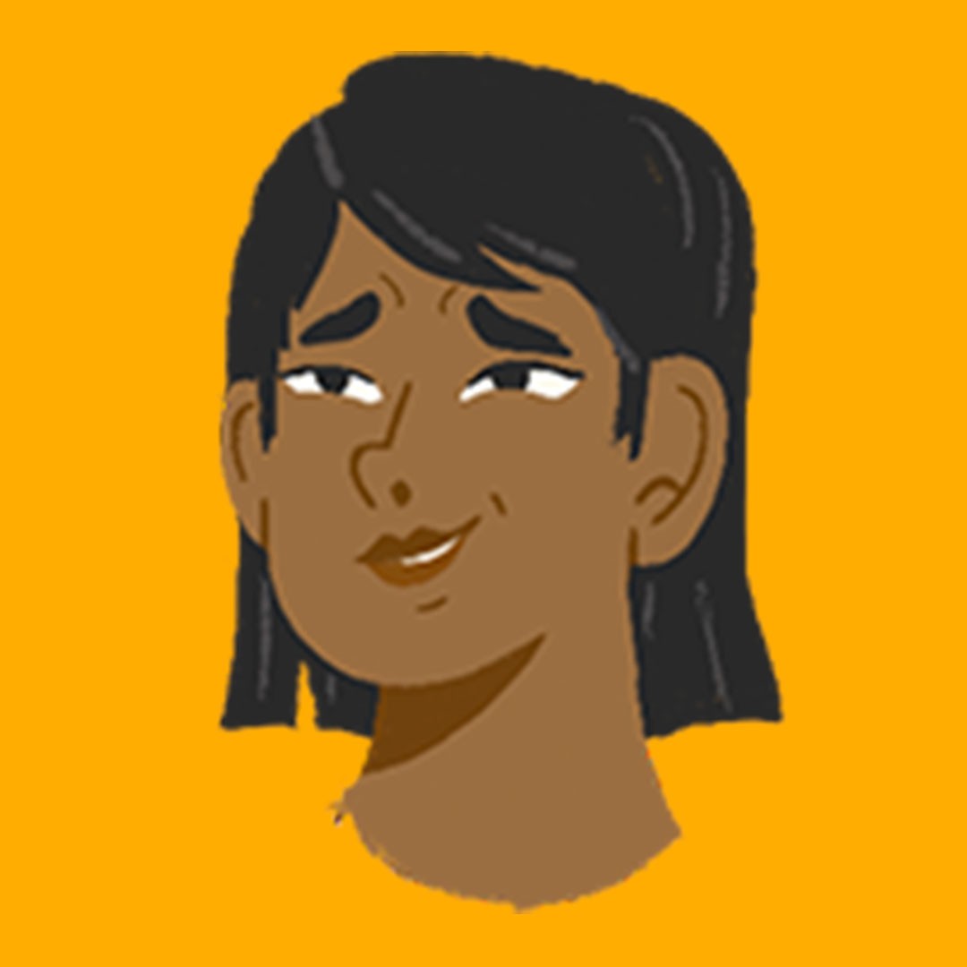 A still capture of nervous smile expression from the main character featured in the NAMI Chicago "Holiday Stress" animation