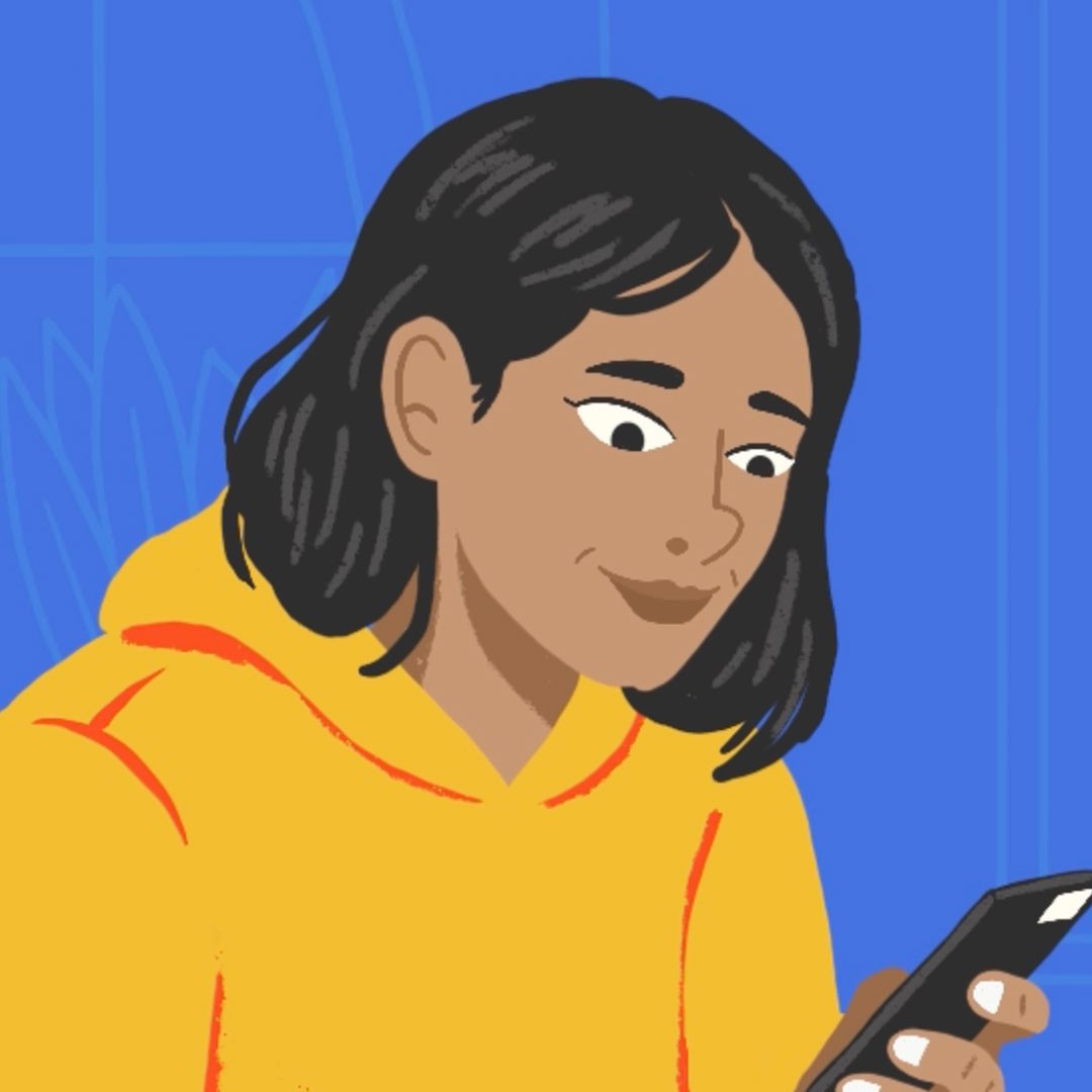 A still frame from the NAMI Chicago "Life Stressors" animation, depicting the main character smiling at her phone