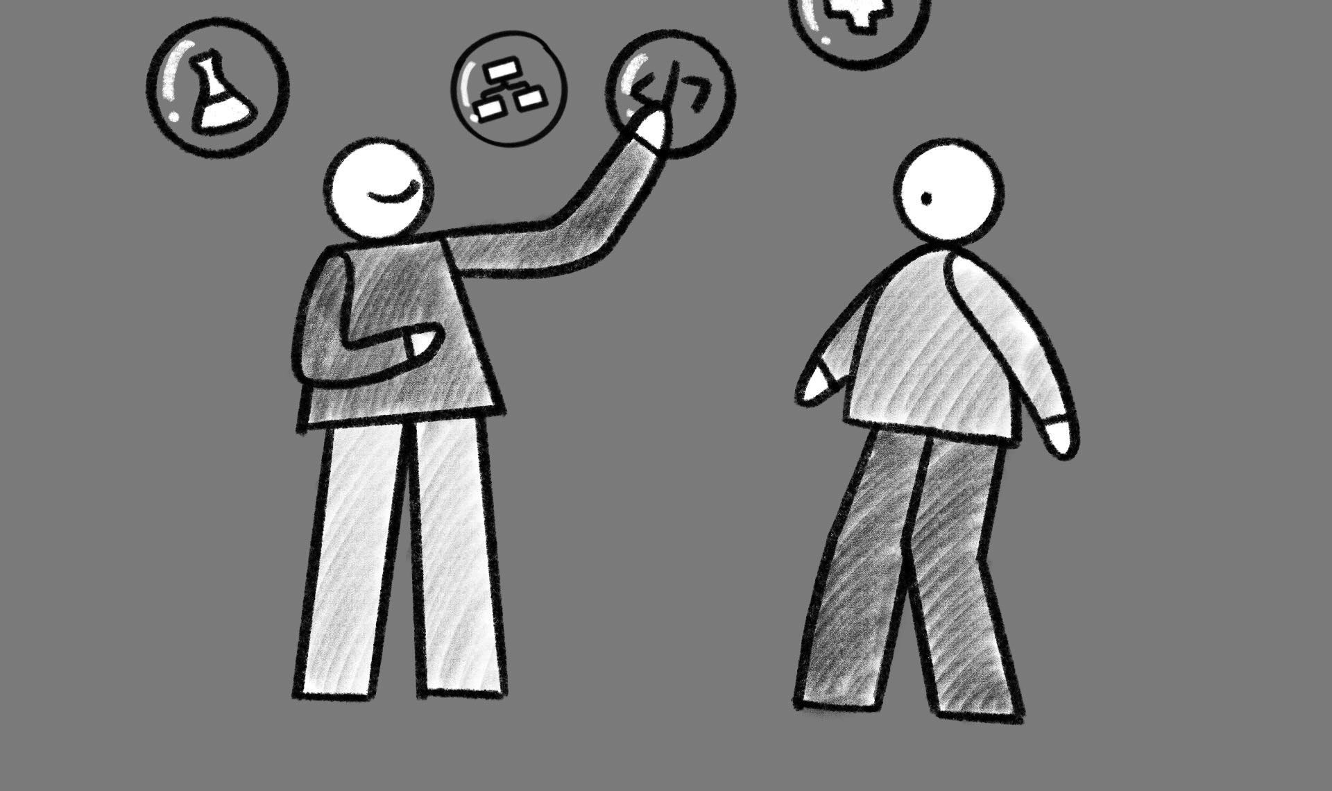 Black and white sketch from a storyboard for the Apprenticeships animation for MiraCosta College