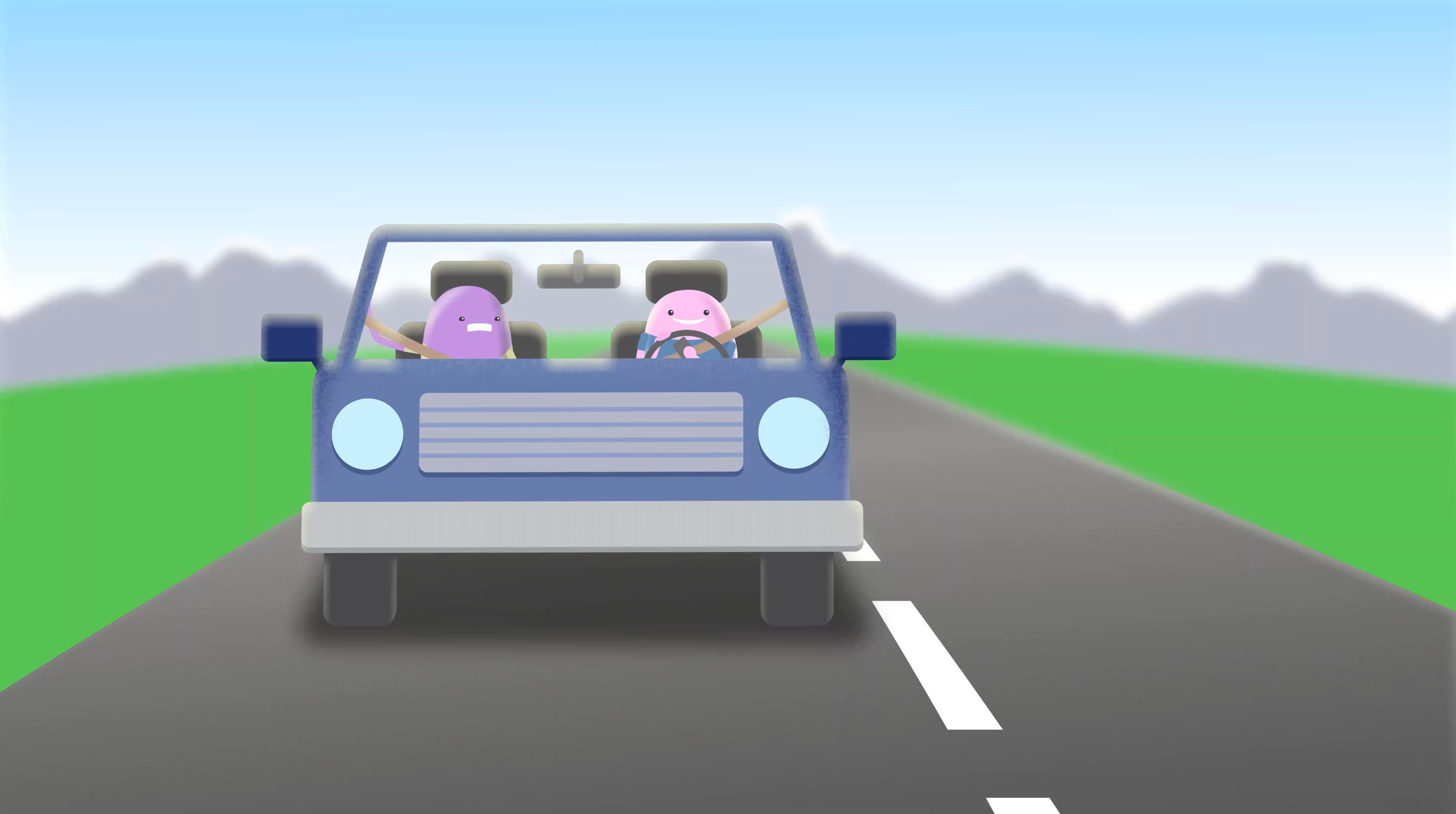 A still frame from the final render for the NVFC "Distracted Driving" animation, depicting two "fire bean" characters driving in a car