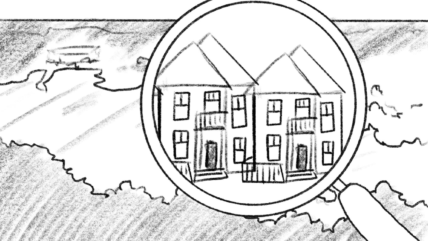 Black and white sketched frame from a storyboard for the "Doing 'Good' Better" animation for The Horizon Foundation