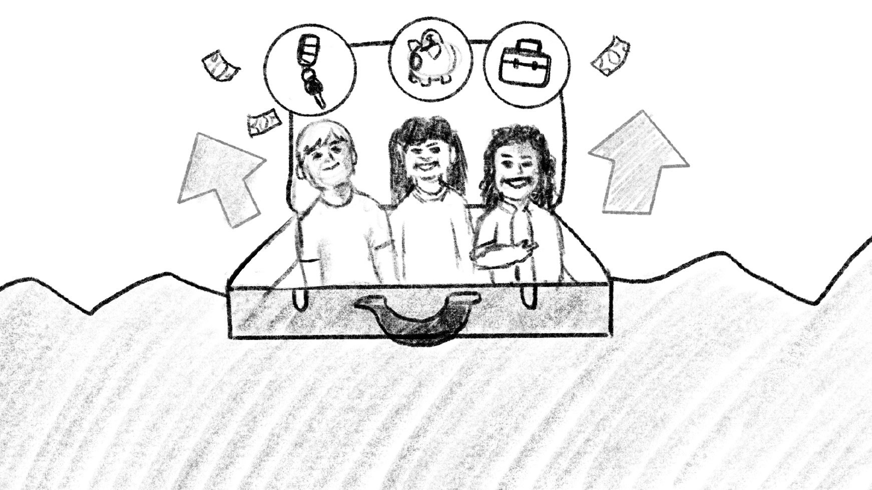 Black and white sketched frame from a storyboard for the "Doing 'Good' Better" animation for The Horizon Foundation
