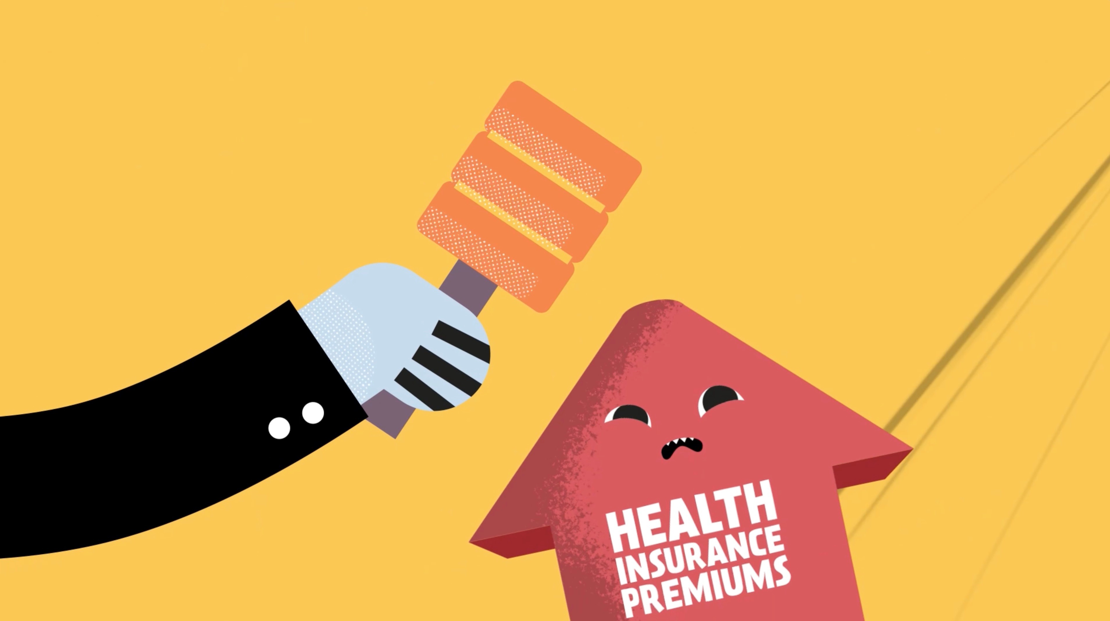 Still capture from the Maryland Medicaid animation, featuring one of the evil red arrows recoiling from being hit with a soft Whack-a-mole mallet from a disembodied light blue hand