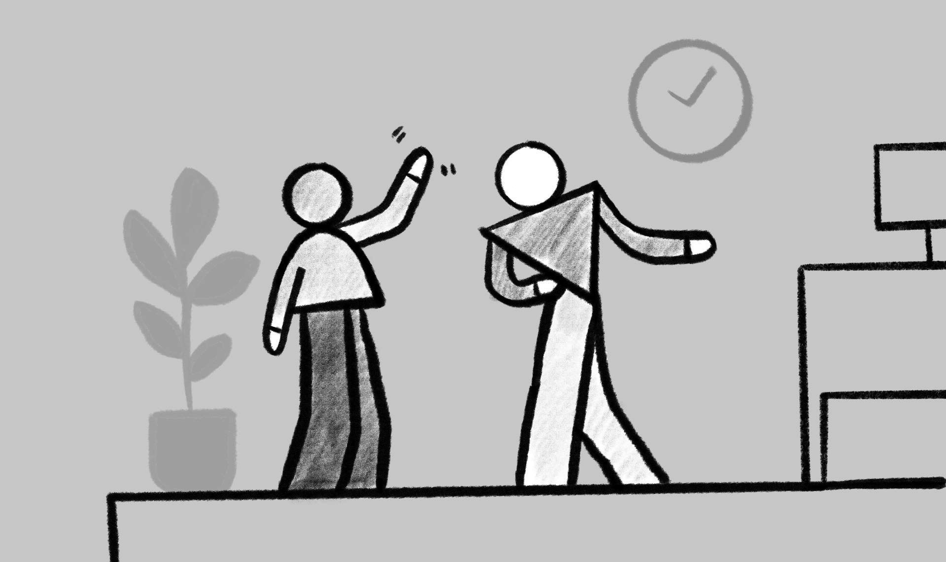 Black and white sketch from a storyboard for the Apprenticeships animation for MiraCosta College