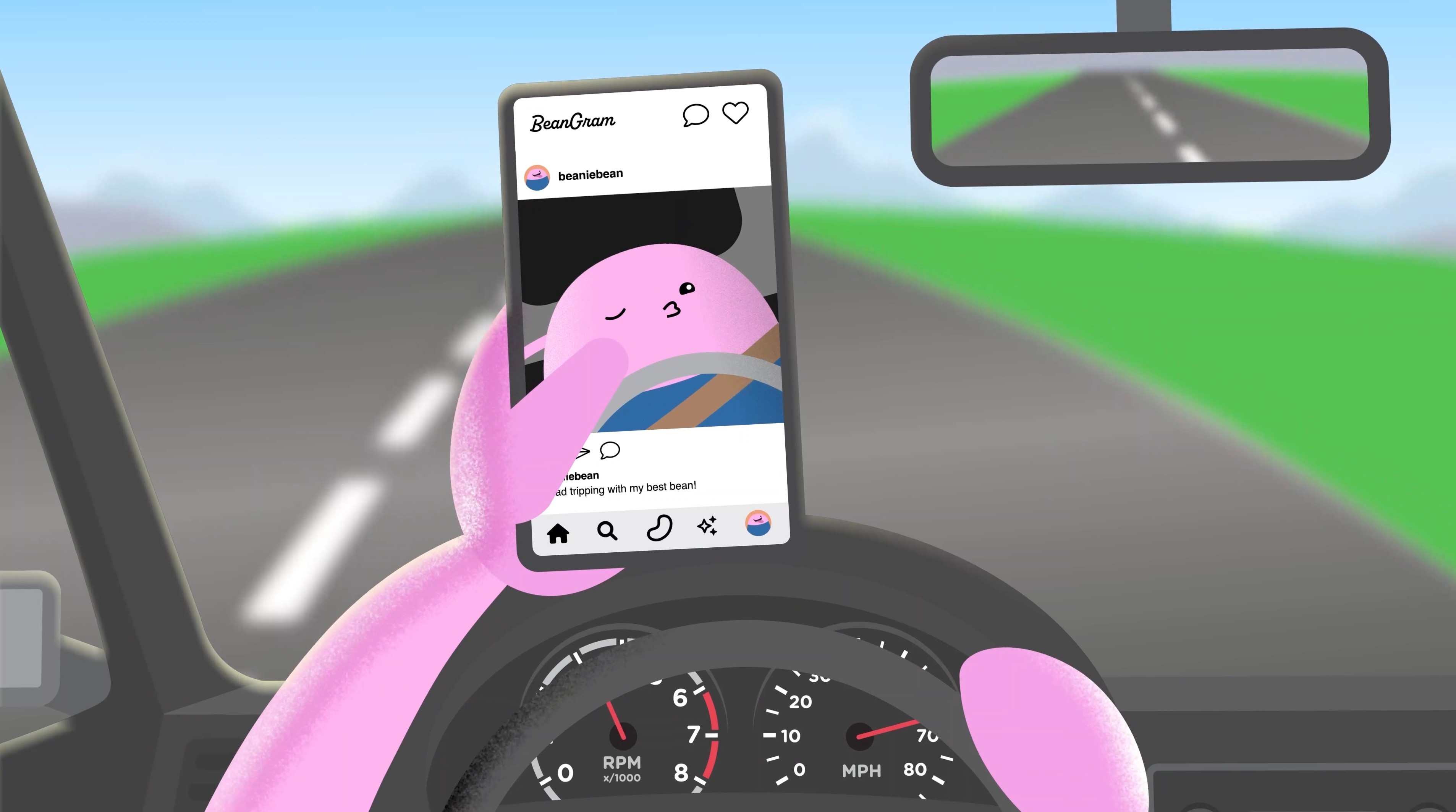 A still frame from the final render for the NVFC "Distracted Driving" animation, depicting a "fire bean" character posting a photo on social media while driving