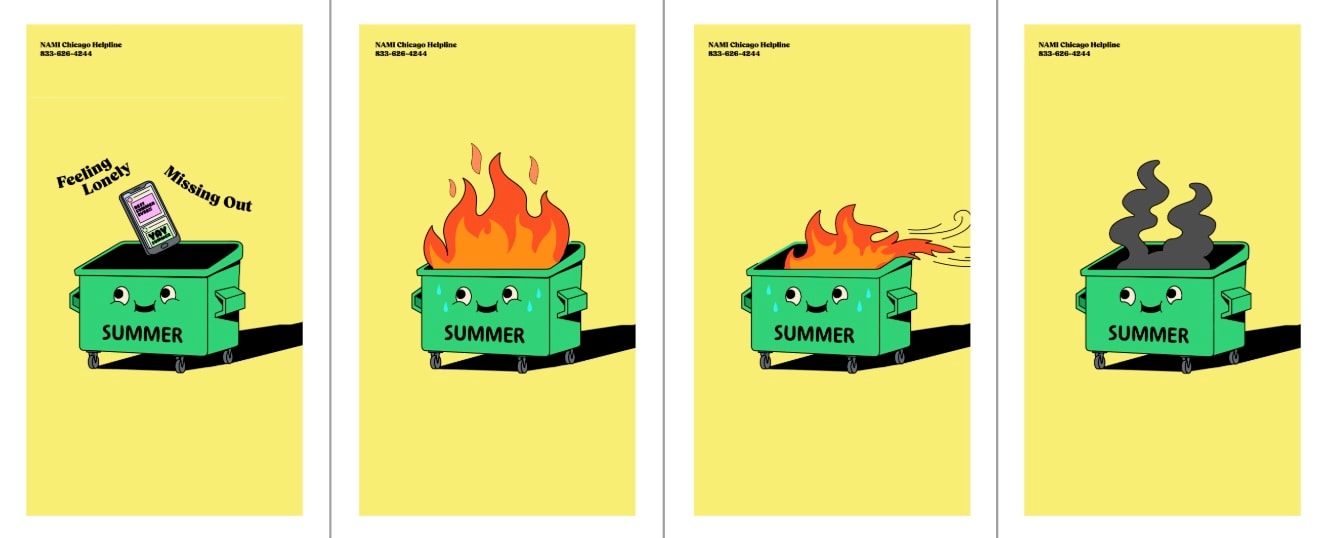 Four illustrated panels from a storyboard for the NAMI Chicago "Dumpster Fire" animation