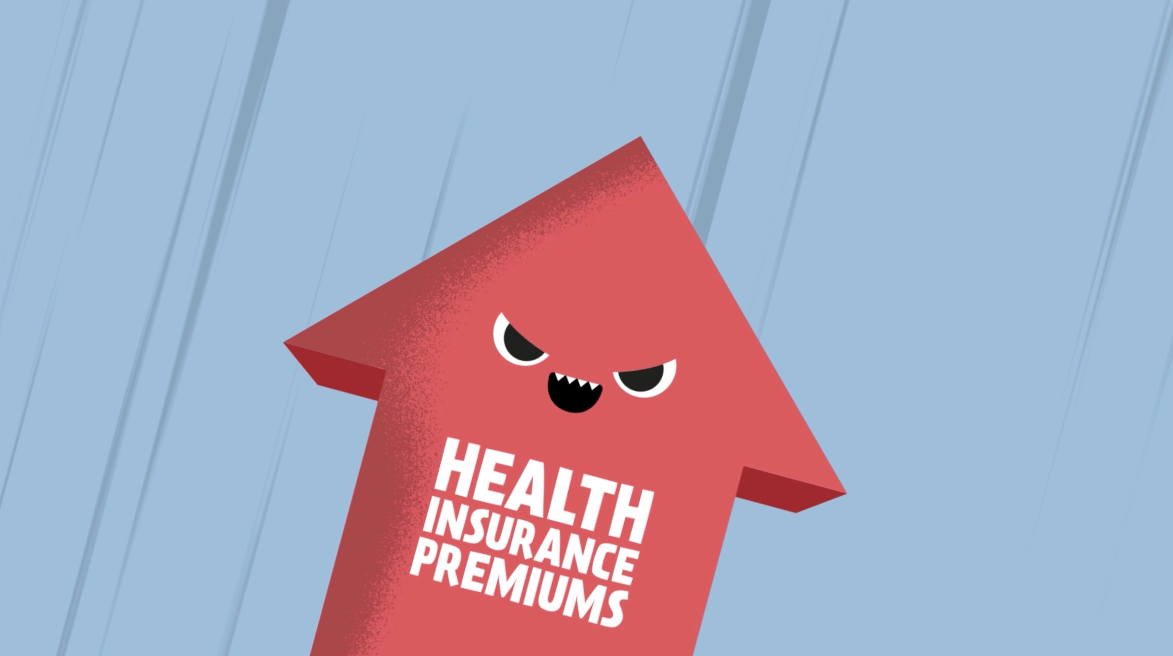 Still capture from the Maryland Medicaid animation, featuring an evil red arrow, with a menacing look on its face and the words "Health Insurance Premiums" labeled on its front