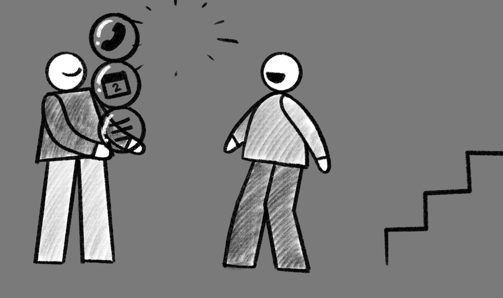 Black and white sketch from a storyboard for the Apprenticeships animation for MiraCosta College