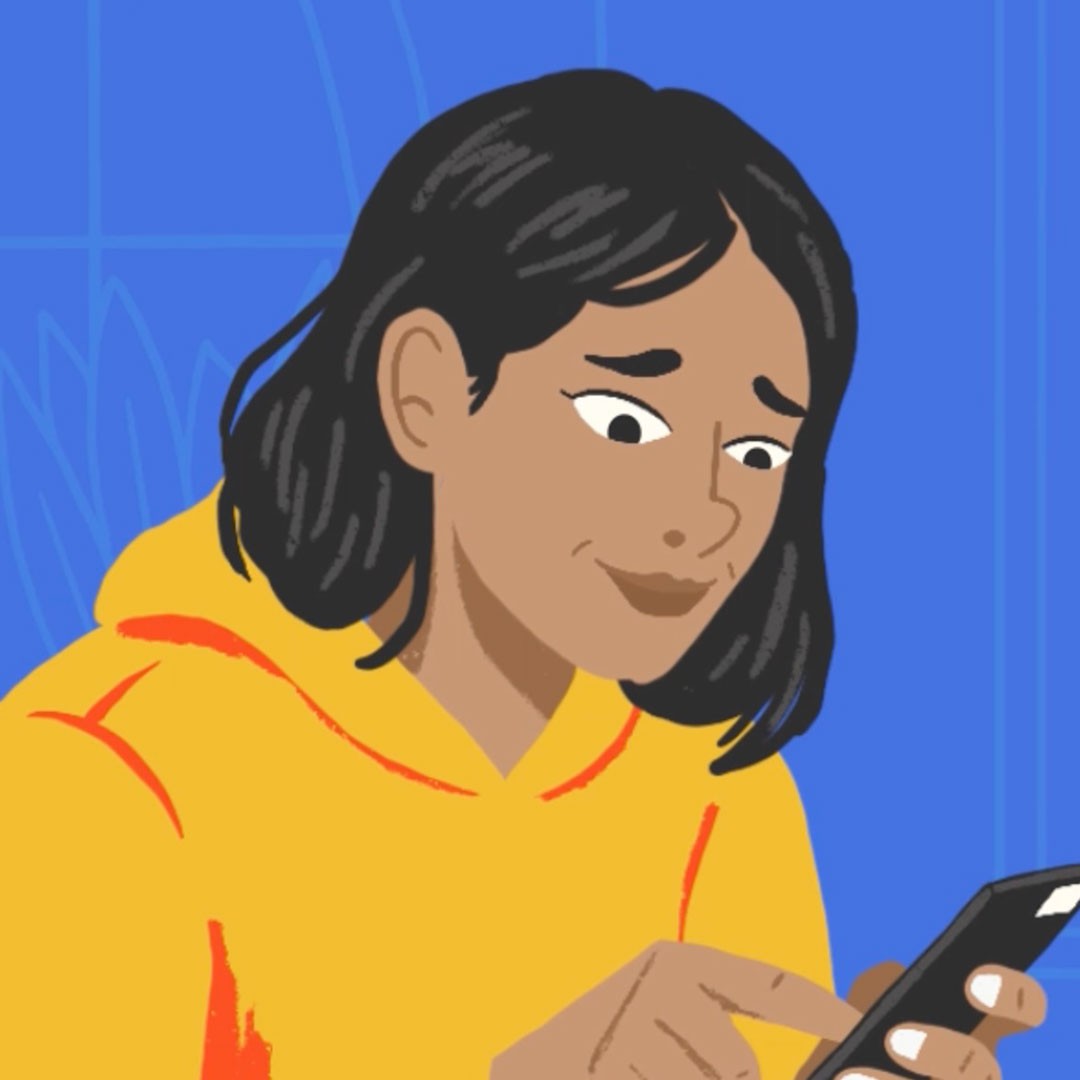 A still frame from the NAMI Chicago "Life Stressors" animation, depicting the main character smiling at her phone again