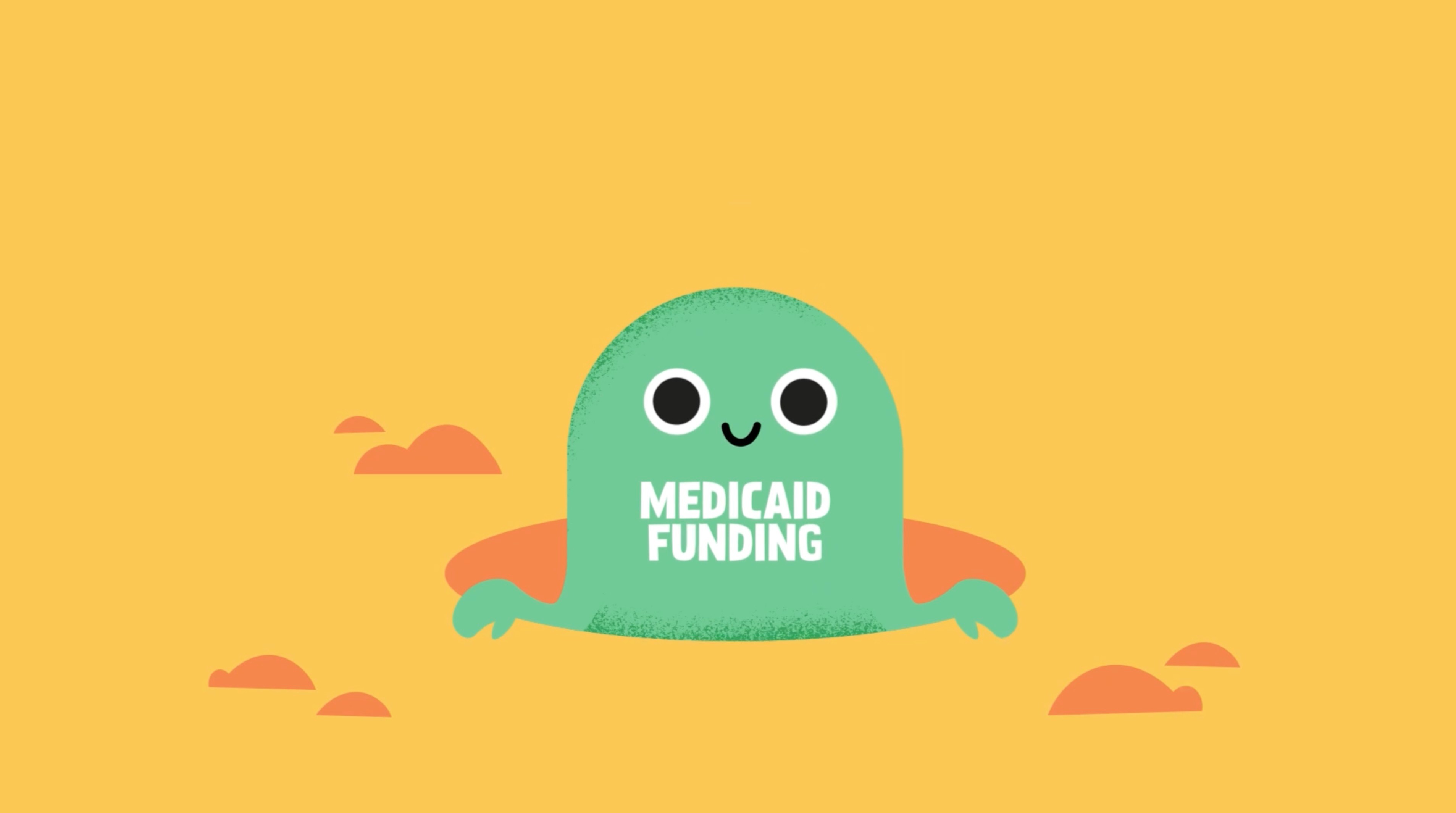 Still capture from the Maryland Medicaid animation, featuring a little green character with "Medicaid Funding" labeled on its chest
