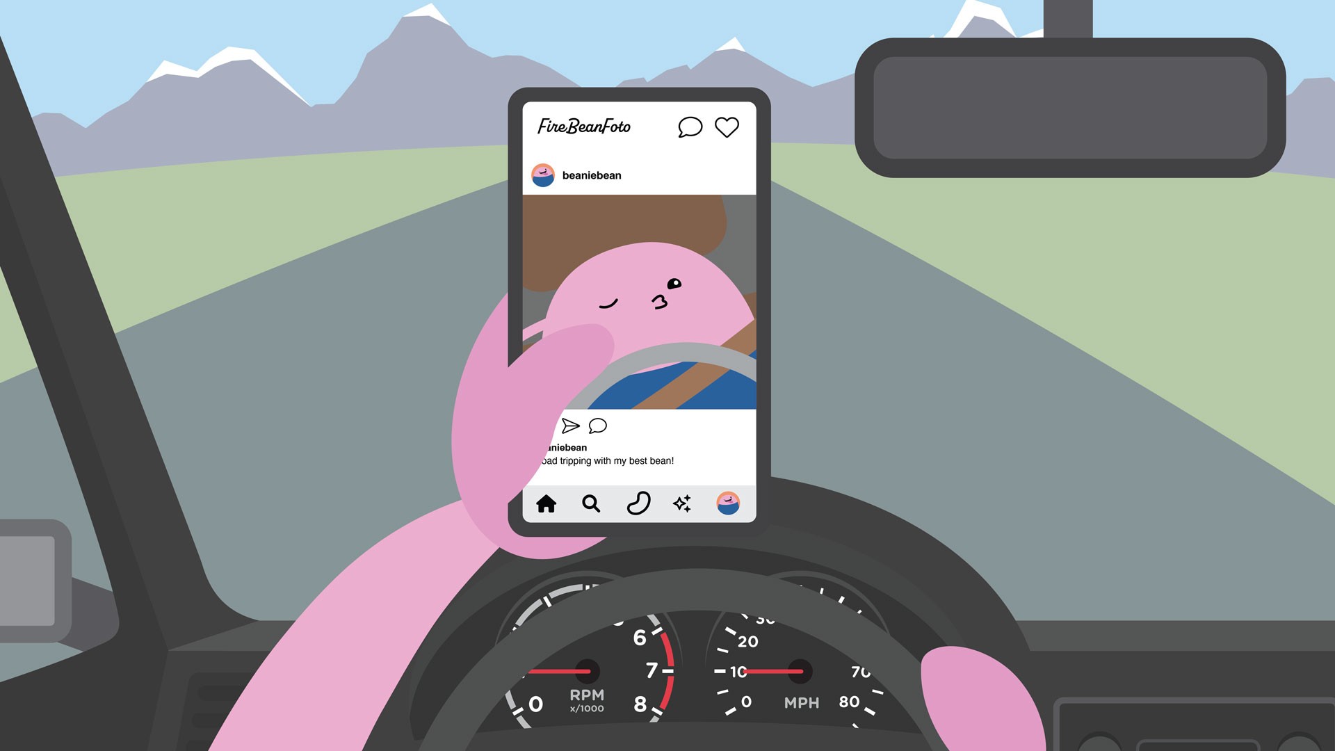 Full color style frame for the NVFC "Distracted Driving" animation, depicting a "fire bean" character posting a photo on social media while driving