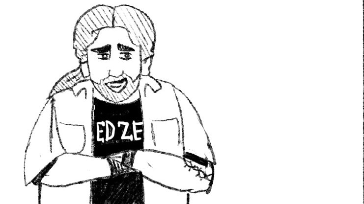 Black and white sketched frame from a storyboard for the BHSB 988 "Uncle Randy" animation