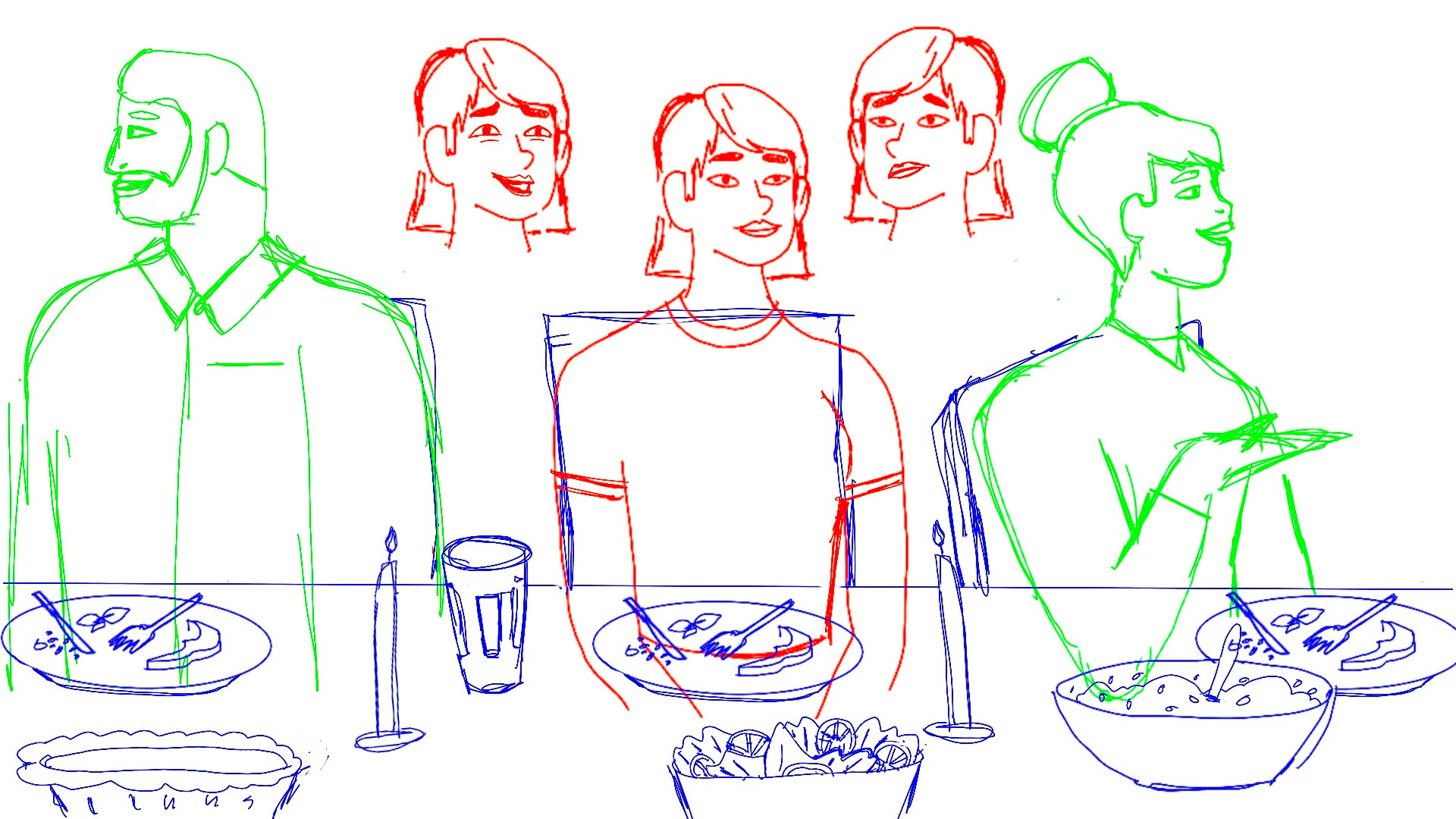 Colored sketch from preliminary artwork for the NAMI Chicago "Holiday Stress" animation