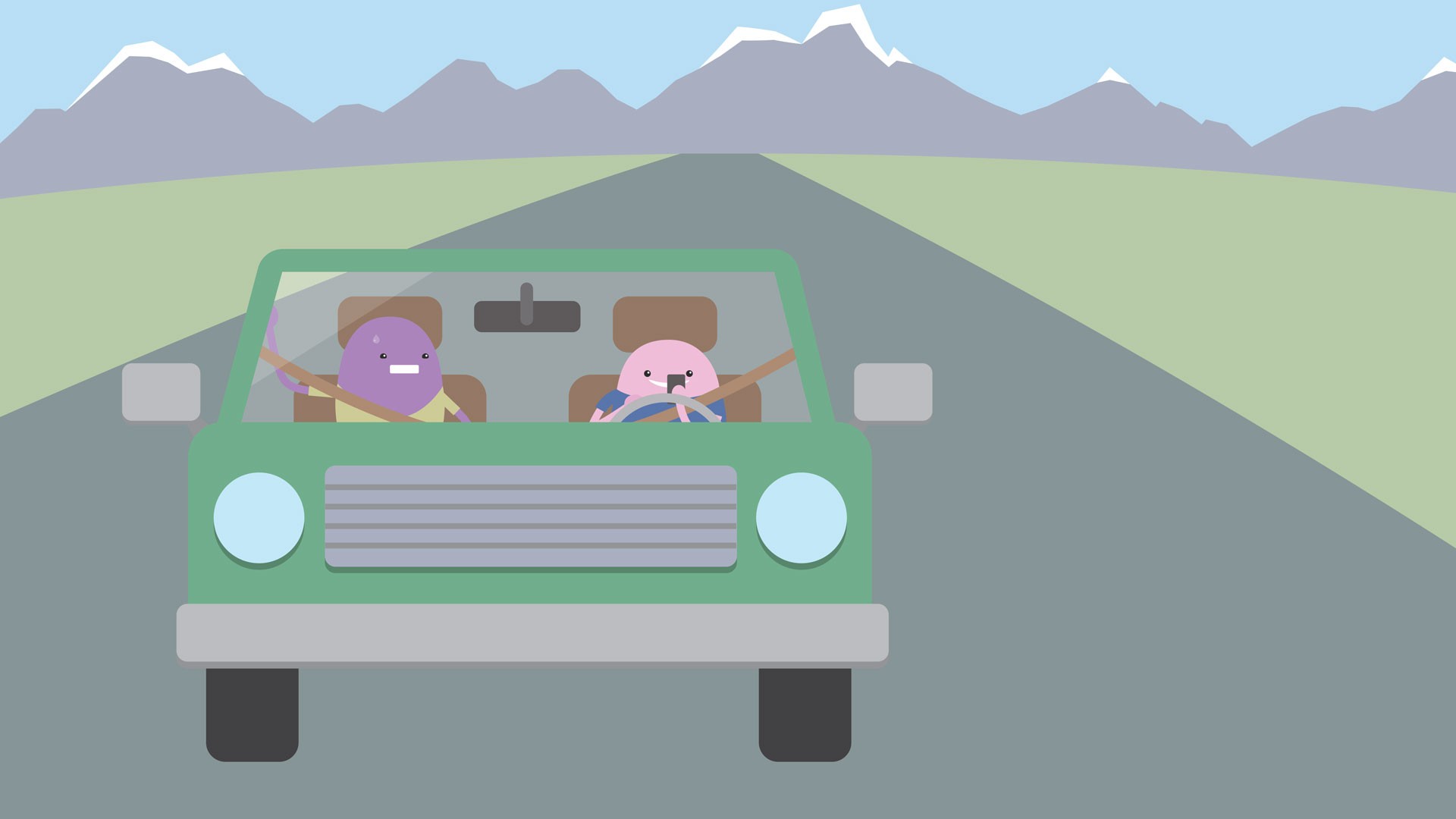 Full color style frame for the NVFC "Distracted Driving" animation, depicting two "fire bean" characters driving in a car